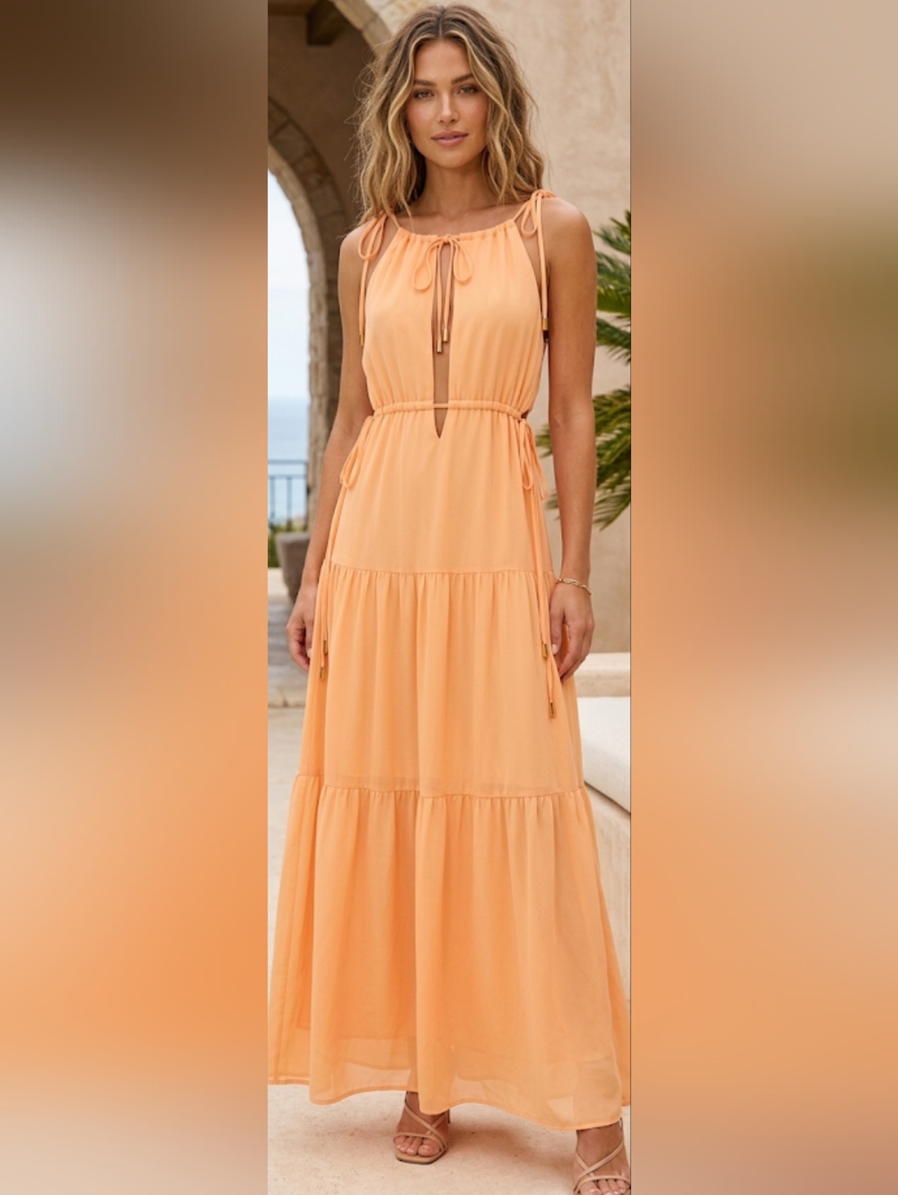 Lovers + Friends Cantaloupe Orange Tiered Halter Maxi Dress Revolve Small